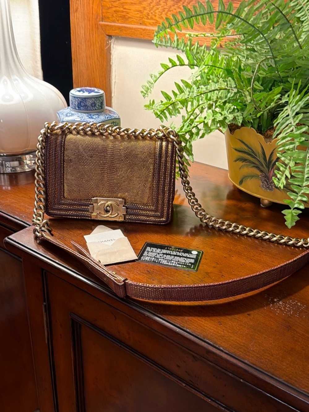 CHANEL Metallic Bronze Boy Flap Crossbody Bag with Gold Chain